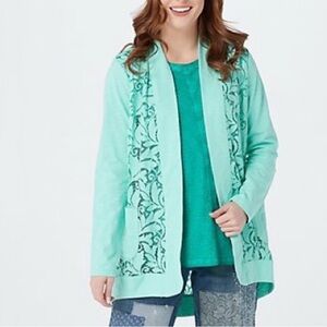 LOGO by Lori Goldstein Open Front Slub Cardigan w/ Lace Detail XL Seafoam Green